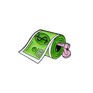 Cartoon flying dollar bill enamel pin with wings and green dollar toilet paper design