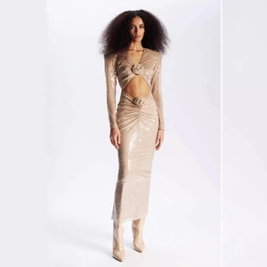 Elegant champagne sequin long-sleeve dress with waist cutout and 3D floral accents