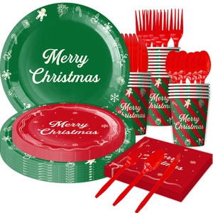 Christmas party tableware set with red and green plates, cups and Merry Christmas banners