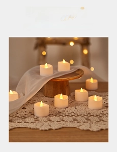 Detail of warm white LED flameless candle on crochet mat for romantic indoor decor