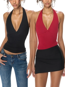 Women Halter Tank Top V Neck Slim Fit Backless Viscose Spandex Camisole With Chest Pads