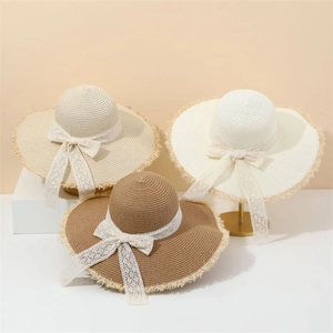 Elegant vintage summer straw hats with lace ribbons and fringe edges in three colors