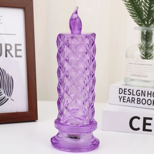 Detail view of purple LED rose candle with diamond-cut acrylic texture for ambient lighting
