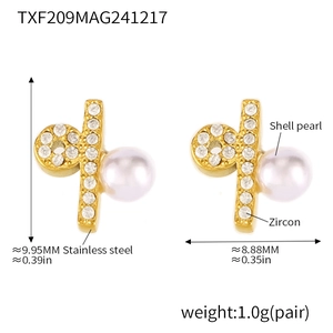 Detail view of shell pearl and zircon earrings in stainless steel with dimensions