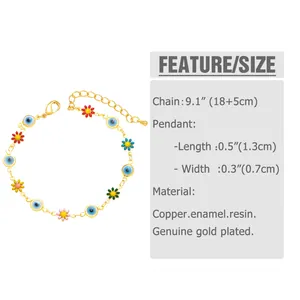 Detailed size chart showing flower and evil eye chain bracelet dimensions and materials