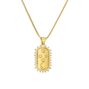 Close-up of gold rectangle necklace with moon star zircon stones and box chain