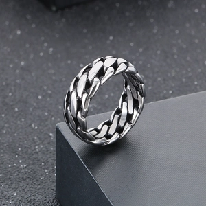 Silver punk style titanium steel chain ring for men with woven texture design