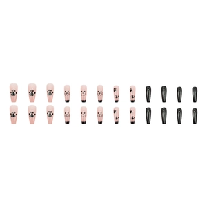 Cute pink and black cartoon cat claw long ballet style press-on nails 24pcs set