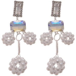 Elegant silver needle drop earrings with hollow sphere pearls and sparkling cubic zirconia