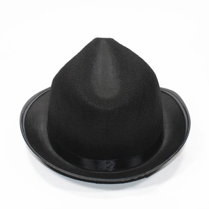 Detailed view of black felt top hat featuring a smooth satin ribbon and curved brim edge
