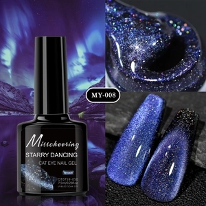 Detailed view of violet starry cat eye nail polish with shimmer texture and swatch