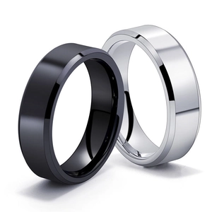 Polished 8mm beveled edge stainless steel rings in black and silver finishes