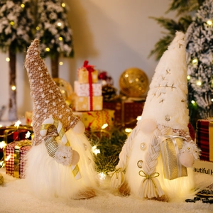 Lighted Christmas gnomes with long beard, knit hat and candy cane for holiday decor