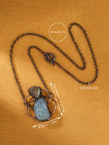Vintage handmade aquamarine and green fluorite raw stone pendant necklace with dimensions