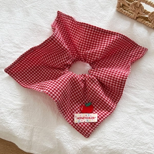 Detail of red checkered scrunchie featuring a delicate embroidered apple motif