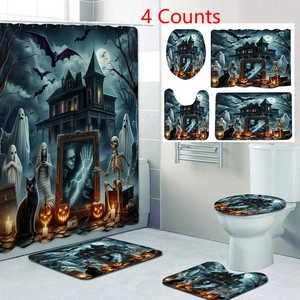 Halloween Bathroom Shower Curtain And Bath Mats Toilet Lid Cover Waterproof Polyester Horror Ghost Pumpkin Pattern Home Decor
