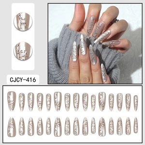 Champagne silver stiletto press-on nails with 3D embossed floral patterns, 24-piece set