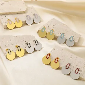 Geometric Round Stud Earrings Stainless Steel Colorful Enamel Minimalist Retro Fashion Jewelry For Women