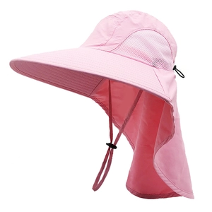 Chapeau de soleil rose à large bord avec protège-nuque, maille aérée et cordon réglable