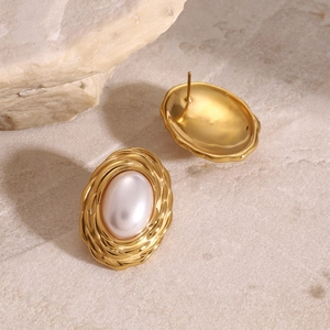 Vintage gold oval stainless steel stud earrings featuring white iridescent pearl inlay