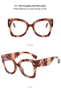 Detail view of leopard print cat eye glasses frames with anti blue light lenses