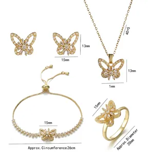 Sparkling butterfly jewelry set with zircon necklace, earrings, ring and bracelet