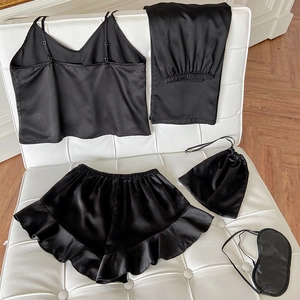 5-piece black satin loungewear set with camisole, pants, shorts, eye mask and storage bag