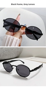 Nahaufnahme der Retro-Oval-Sonnenbrille mit schwarzem Rahmen und grauen Gläsern auf weiß