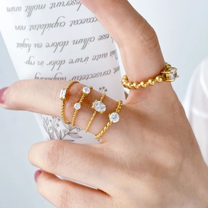 Twisted Beaded Geometric Cubic Zirconia Ring Titanium Steel 18K Gold Plated Minimalist Elegant For Women