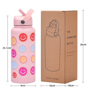 Pink 1L stainless steel vacuum insulated water bottle with straw lid and smiley pattern