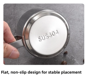 Detail of SUS304 stainless steel coffee mug base with authentic material engraving