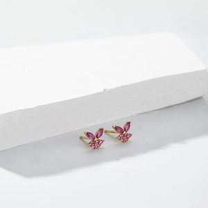 S925 sterling silver bunny ear studs with pink zircon stones on minimalist stone base