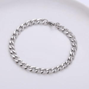 Sleek 7mm silver stainless steel NK Cuban link chain bracelet with lobster clasp closure