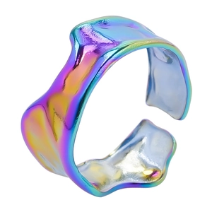 Irregular colorful rainbow stainless steel ring with open adjustable design for women