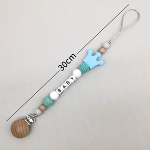 Handmade 30cm baby pacifier clip with beech wood, silicone crown and blue beads