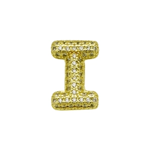 Detailed view of capital letter I charm with gold plating and paved sparkling zircons