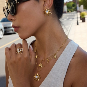Detail of 18K gold stainless steel sun jewelry set with opal stones on a model