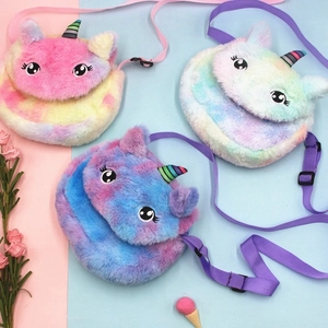 Unicorn cartoon plush crossbody bags for girls in vibrant rainbow gradient colors