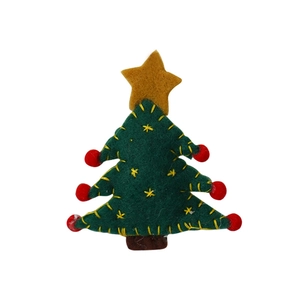 Handmade green wool felt Christmas tree ornament with yellow star and red pom-poms decor