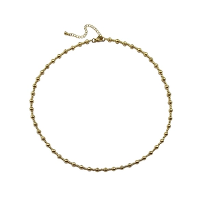 Detail of gold-plated beaded necklace with adjustable extender chain and lobster clasp