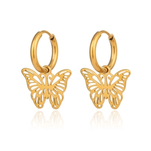 Elegant gold hollow butterfly dangle hoop earrings in stainless steel on white background