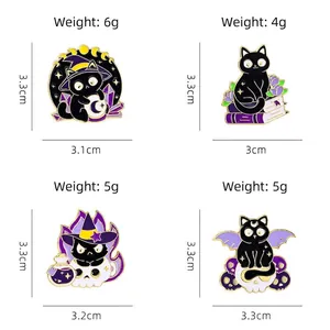 Set of four punk black cat enamel pins with dimensions and weight measurements