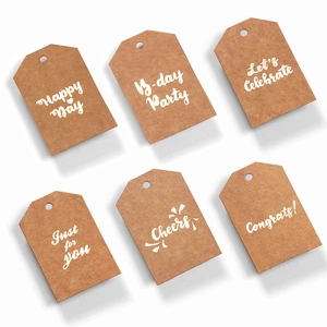 Set of 6 brown kraft paper gift tags with festive white printed greetings for packaging