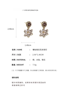Detail view of purple zircon flower earrings showing 2.9x1.4cm dimensions and weight