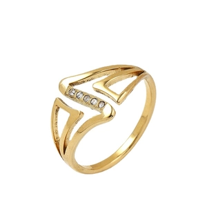Gold hollow geometric ring with zircon stones in adjustable open design on white background