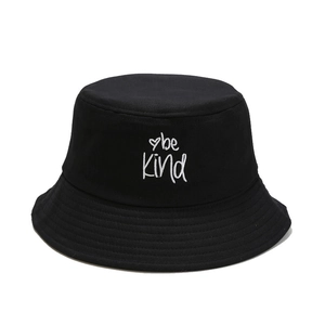 Black cotton bucket hat with 'be Kind' heart embroidery, stylish sun protection headwear