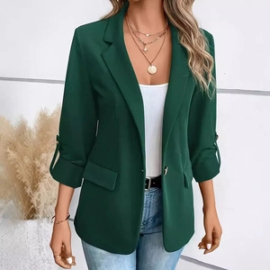 Deep green women's minimalist blazer with three-quarter sleeves and single-button closure