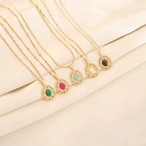 Vintage oval natural stone pendants on gold stainless steel necklaces in five colors