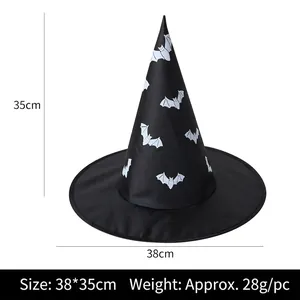 Detailed size chart of Halloween black witch hat with white bat prints and measurements