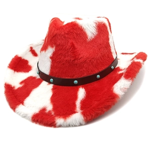 Detail of red and white cow print plush cowboy hat with turquoise studded leather band